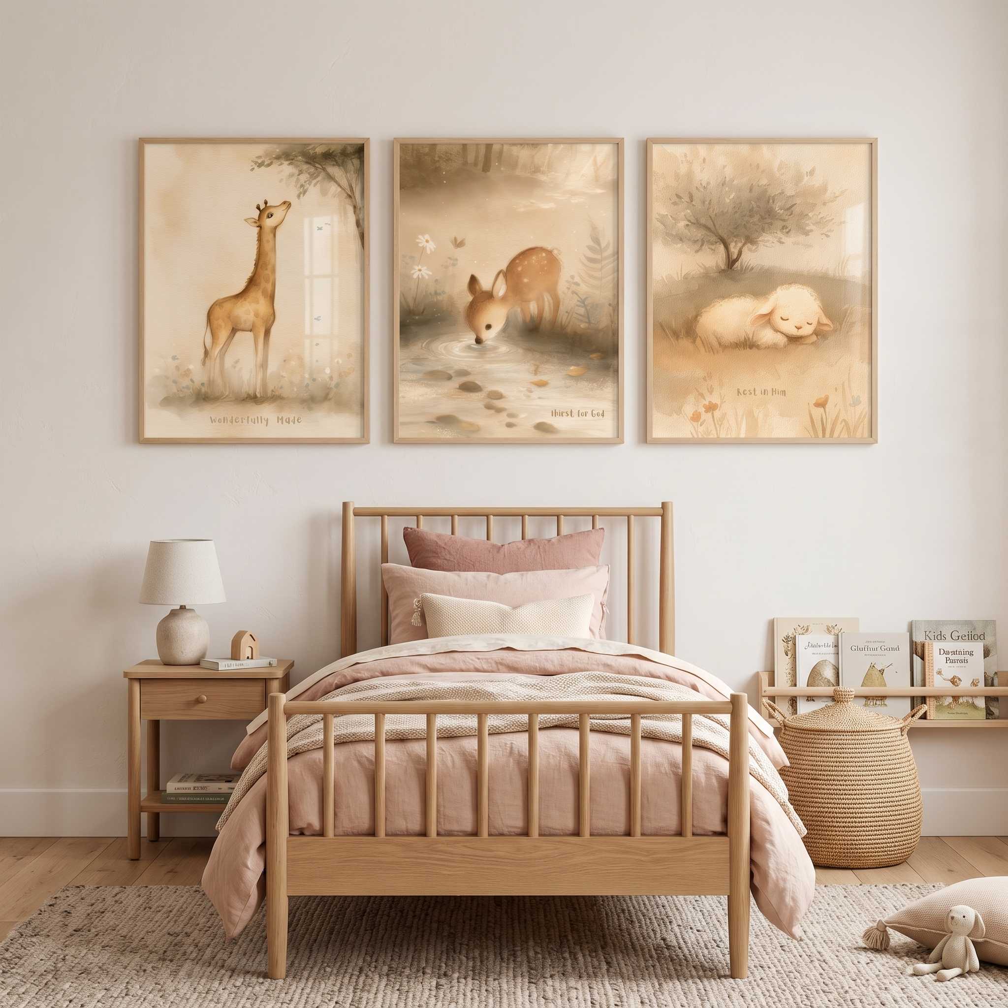 Three framed neutral Christian kids wall art prints depicting a deer, a fox, and a sleeping lamb displayed above a light wood bed with blush pink bedding in a children's bedroom.