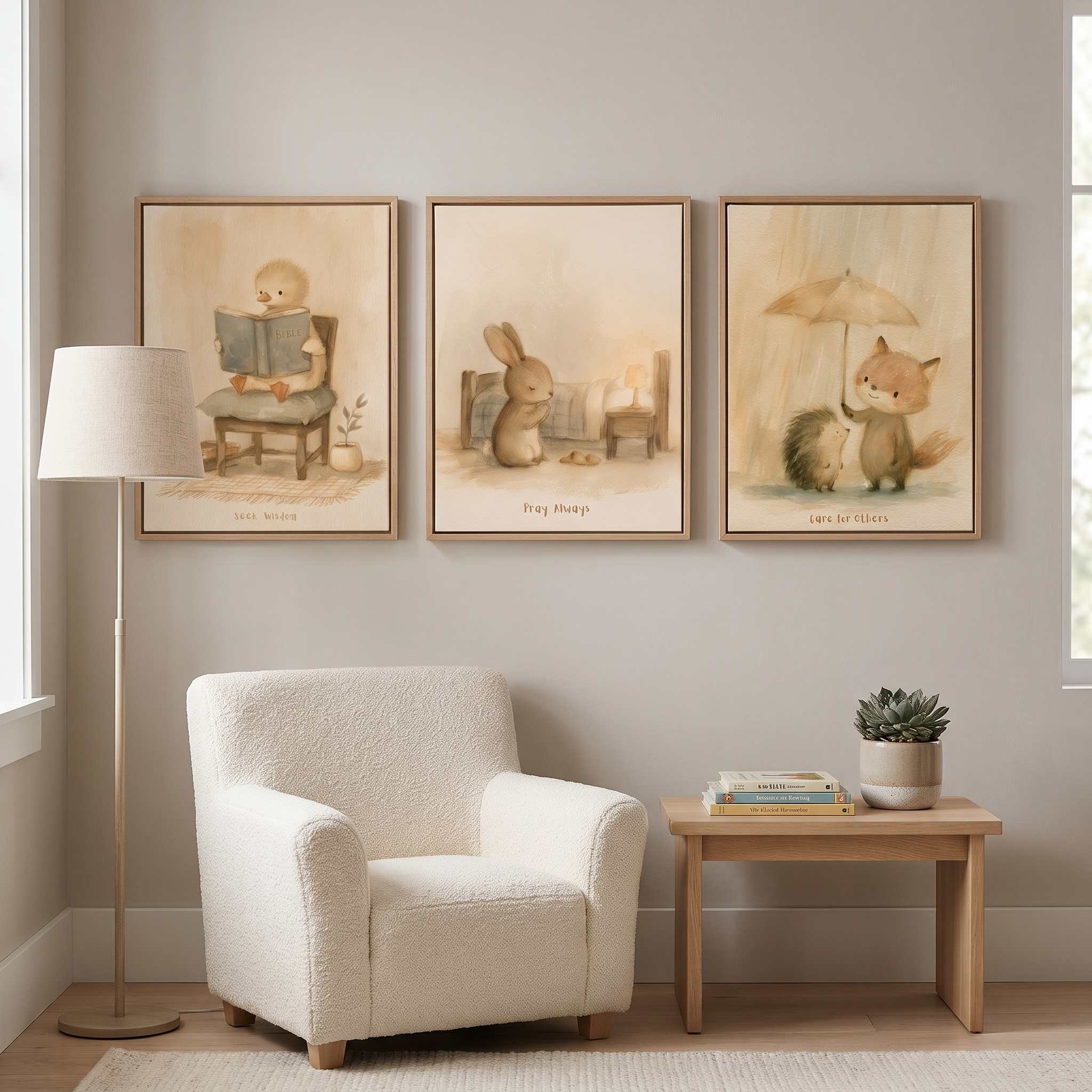 Three framed neutral Christian kids wall art prints featuring a duck reading, a bunny in bed, and a fox with an umbrella, displayed above a cream armchair in a reading nook.