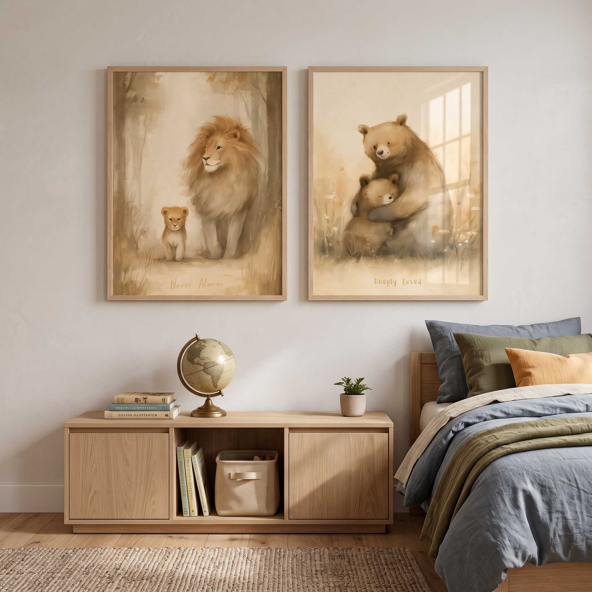 Two framed neutral Christian kids wall art prints displayed above a wooden media cabinet and bed, featuring a lion and cub on the left and a bear family on the right in a boy's bedroom.