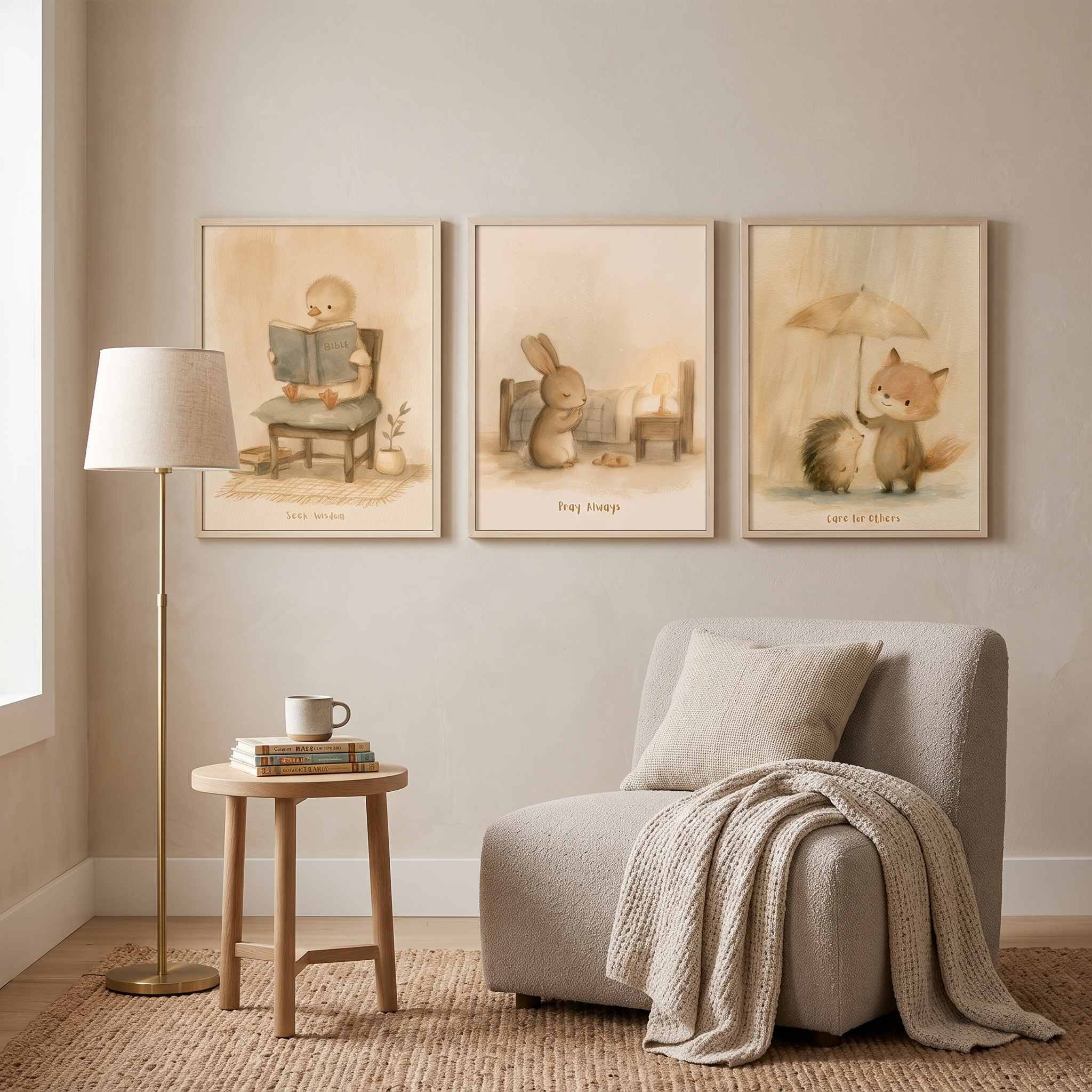 Three framed neutral Christian kids wall art prints featuring a Bible-reading duck, a bunny, and a fox displayed in a cozy reading nook.