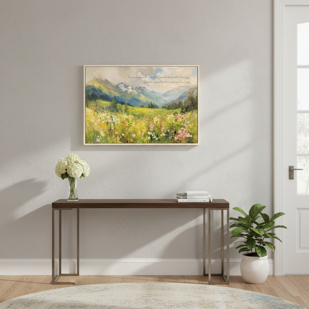 Christian mountain scene canvas with golden fields and scripture theme, celebrating God’s creation and faithfulness.