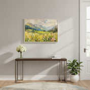Christian mountain scene canvas with golden fields and scripture theme, celebrating God’s creation and faithfulness.