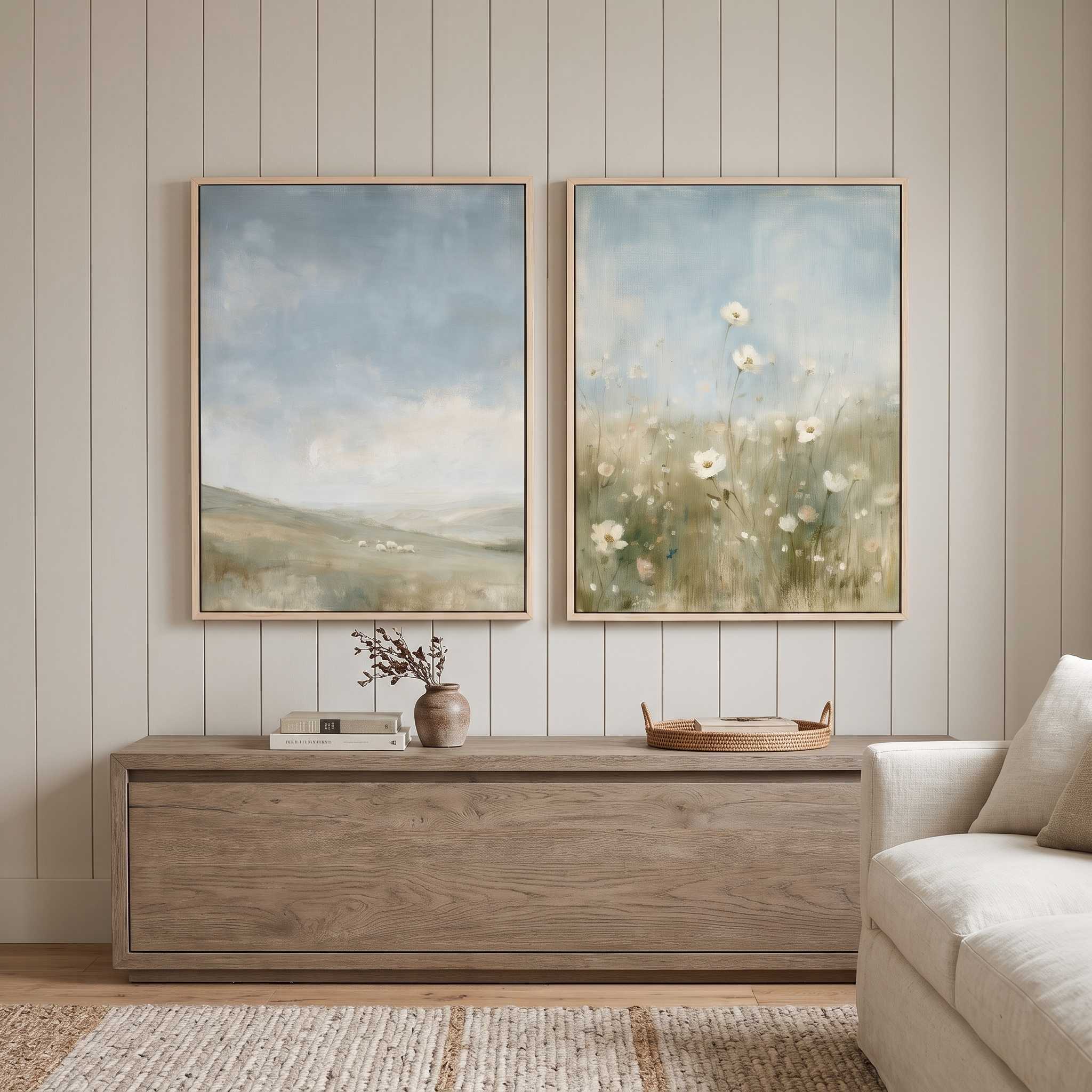 Framed diptych of Christian landscape wall art featuring rolling hills and wildflowers hung above a wooden console table in a neutral living room.