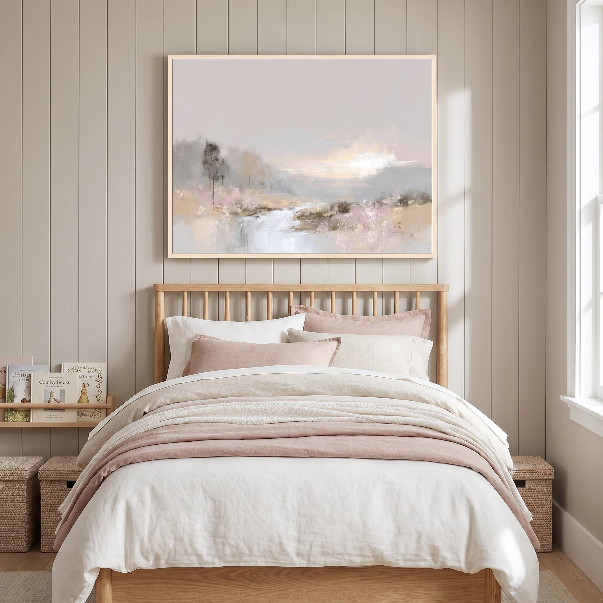 Soft watercolor landscape wall art celebrating God’s creation, framed above a light wood bed in a neutral children’s bedroom with blush and white bedding.