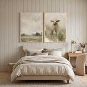 Framed canvas diptych of Christian nursery wall art featuring a gentle lamb inspired by John 10:27-28 in a neutral, modern child's bedroom.