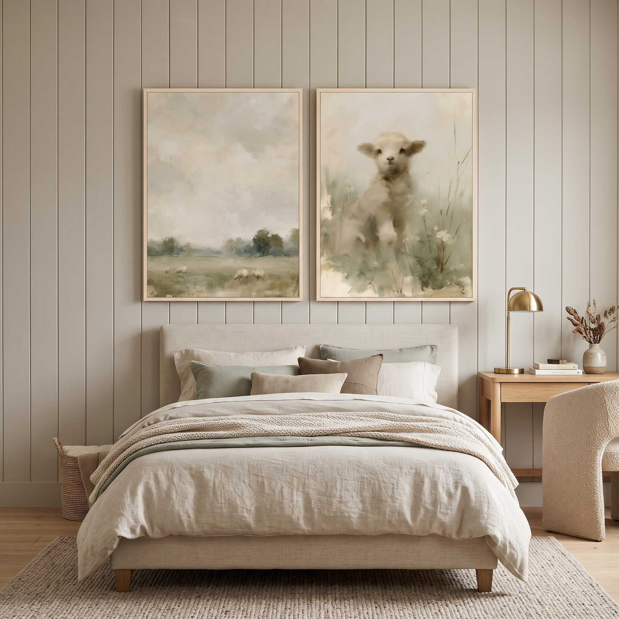 Framed canvas diptych of Christian nursery wall art featuring a gentle lamb inspired by John 10:27-28 in a neutral, modern child's bedroom.