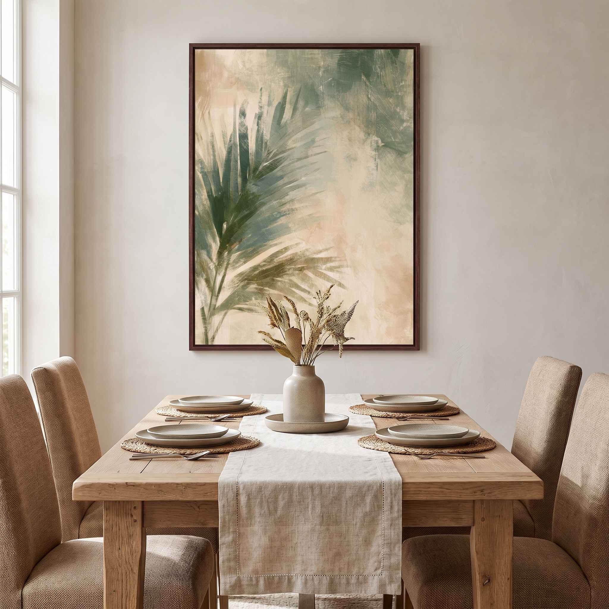 Framed Christian palm leaf wall art above a natural wood dining table, adding botanical watercolor faith decor to a warm neutral dining room.