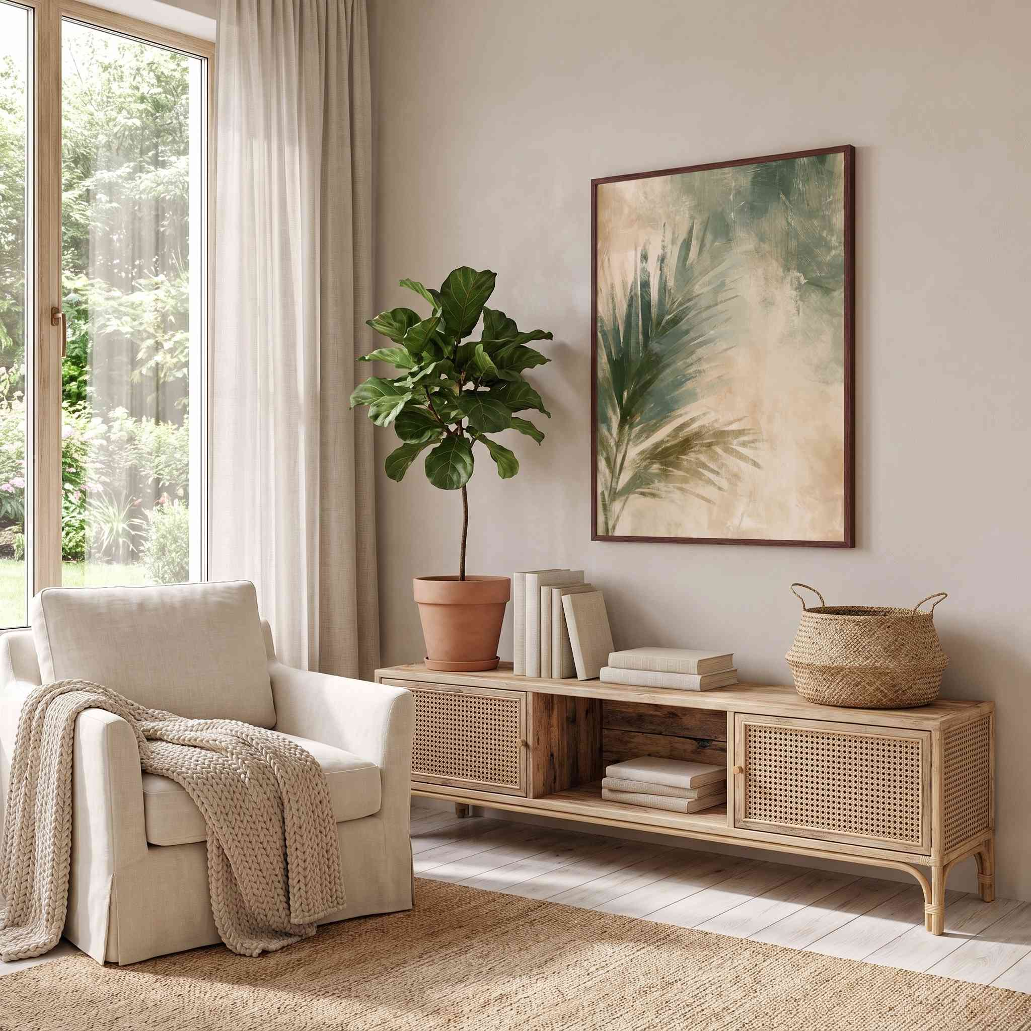 Christian palm leaf wall art displayed above a woven wood console in a light-filled neutral sunroom with a cream armchair and green plant.
