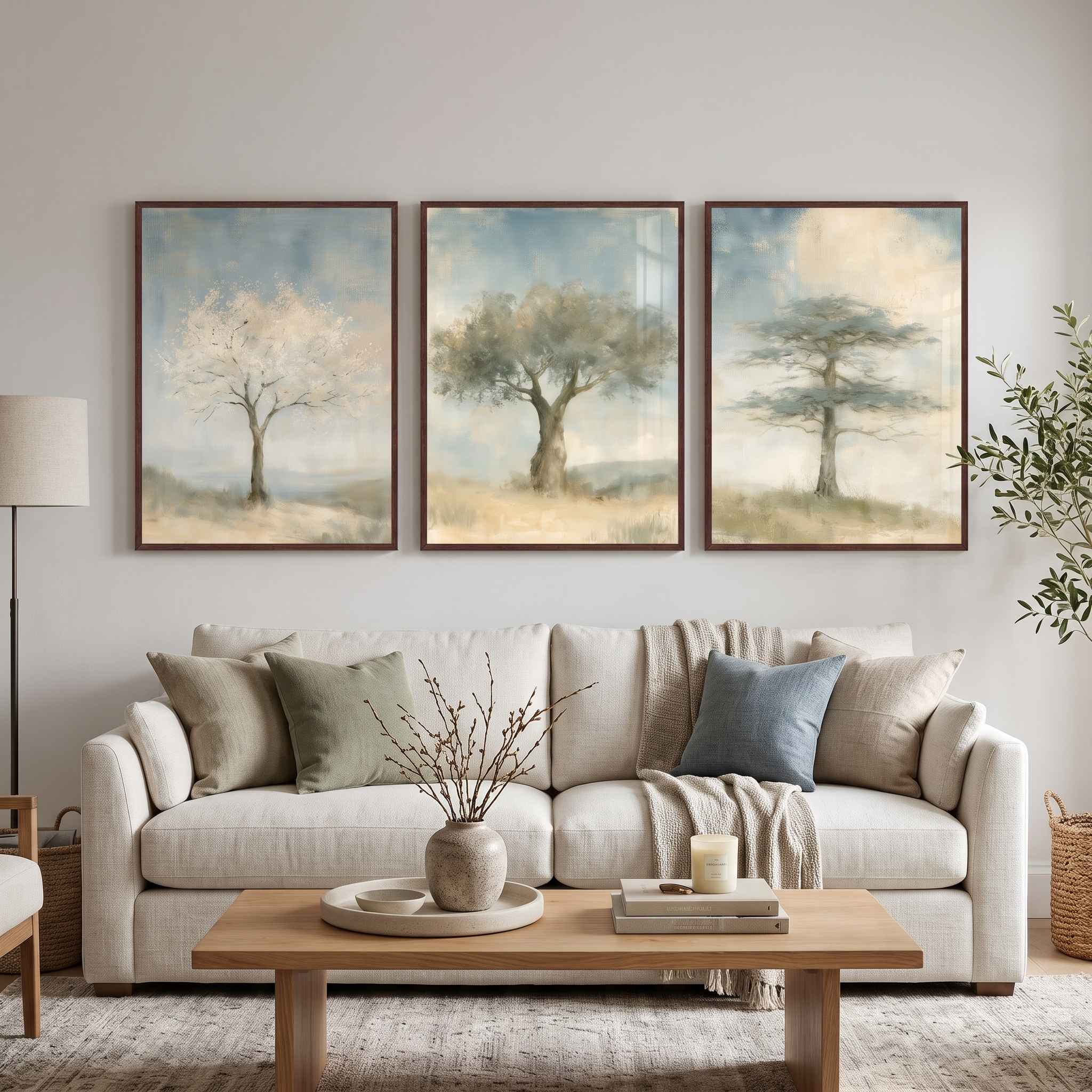 A three-piece framed Christian wall art triptych featuring the almond blossom, olive tree, and cedar of Lebanon prints displayed above a beige sofa in a neutral living room.