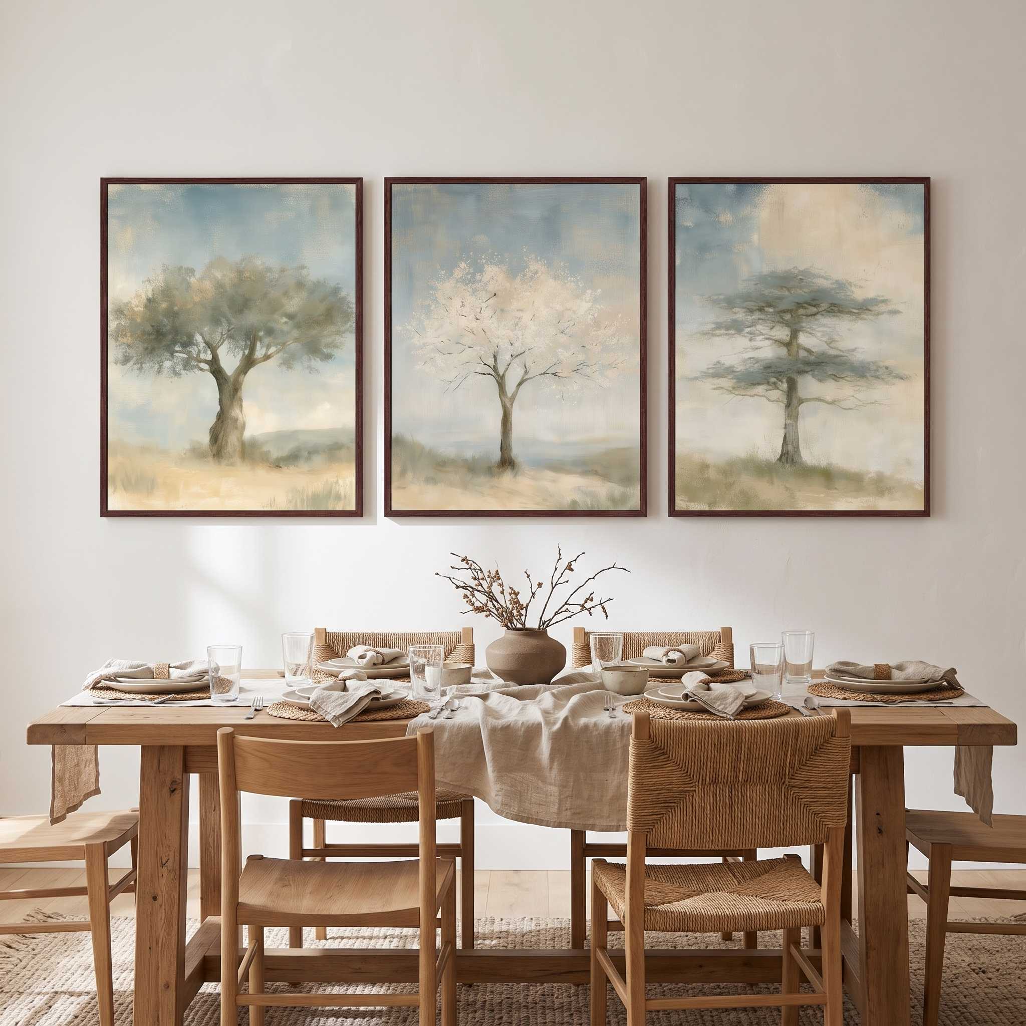 A three-piece framed Christian wall art triptych featuring botanical tree prints displayed above a wooden dining table and chairs in a neutral dining room.
