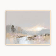 Peaceful watercolor Christian landscape wall art with a quiet lake, distant trees, soft sky, and light wood frame, celebrating the beauty of God’s creation.