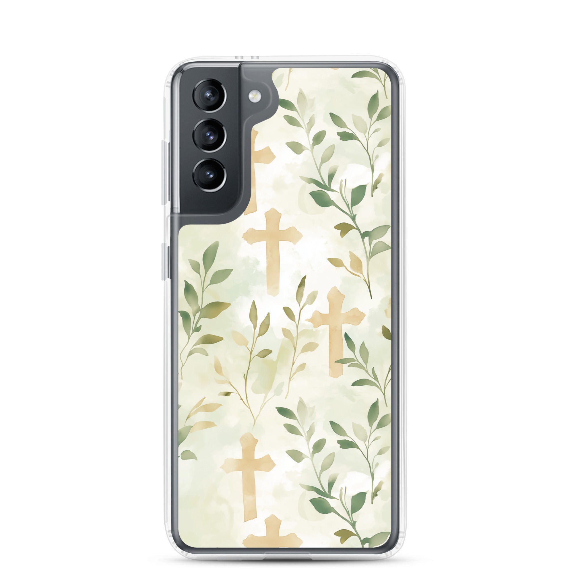 Botanical cross Samsung phone case with green leaves and minimalist Christian faith design on clear case