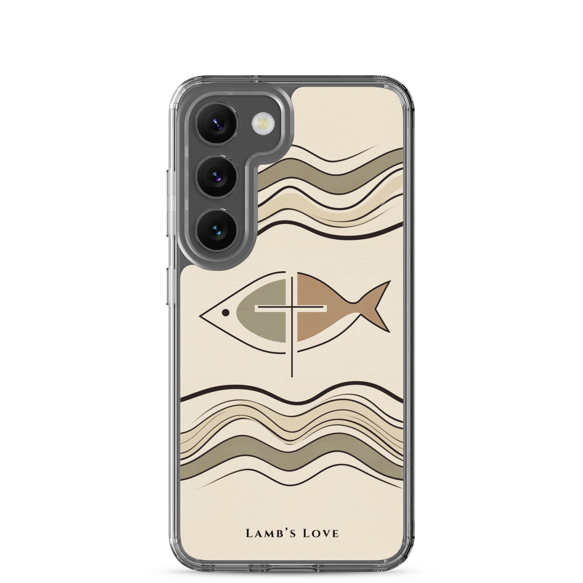 Christian fish Ichthys cross Samsung Galaxy S23 clear phone case with minimalist beige wave design symbolizing faith in Jesus Christ