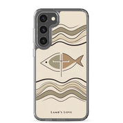 Christian fish Ichthys cross Samsung Galaxy S23 Plus clear phone case with minimalist beige wave design symbolizing faith in Jesus Christ