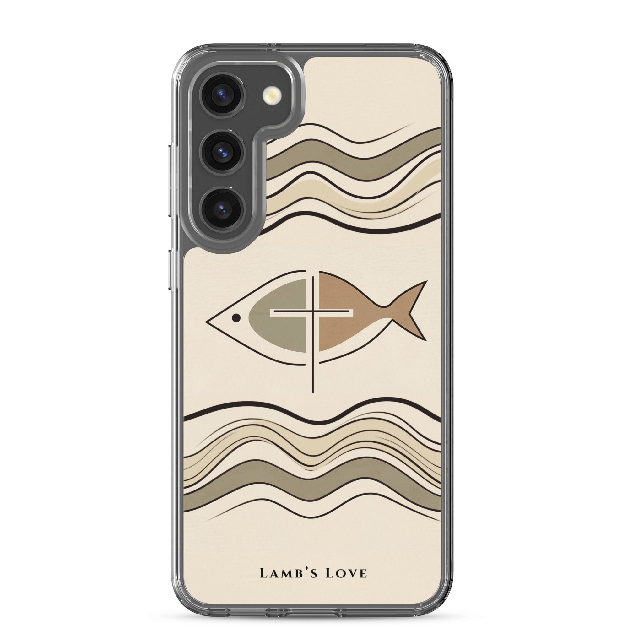 Christian fish Ichthys cross Samsung Galaxy S23 Plus clear phone case with minimalist beige wave design symbolizing faith in Jesus Christ