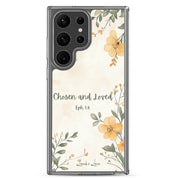 Chosen and Loved Christian Samsung Galaxy S23 ultra phone case with soft neutral floral design featuring Ephesians 1:4 Bible verse on clear protective case
