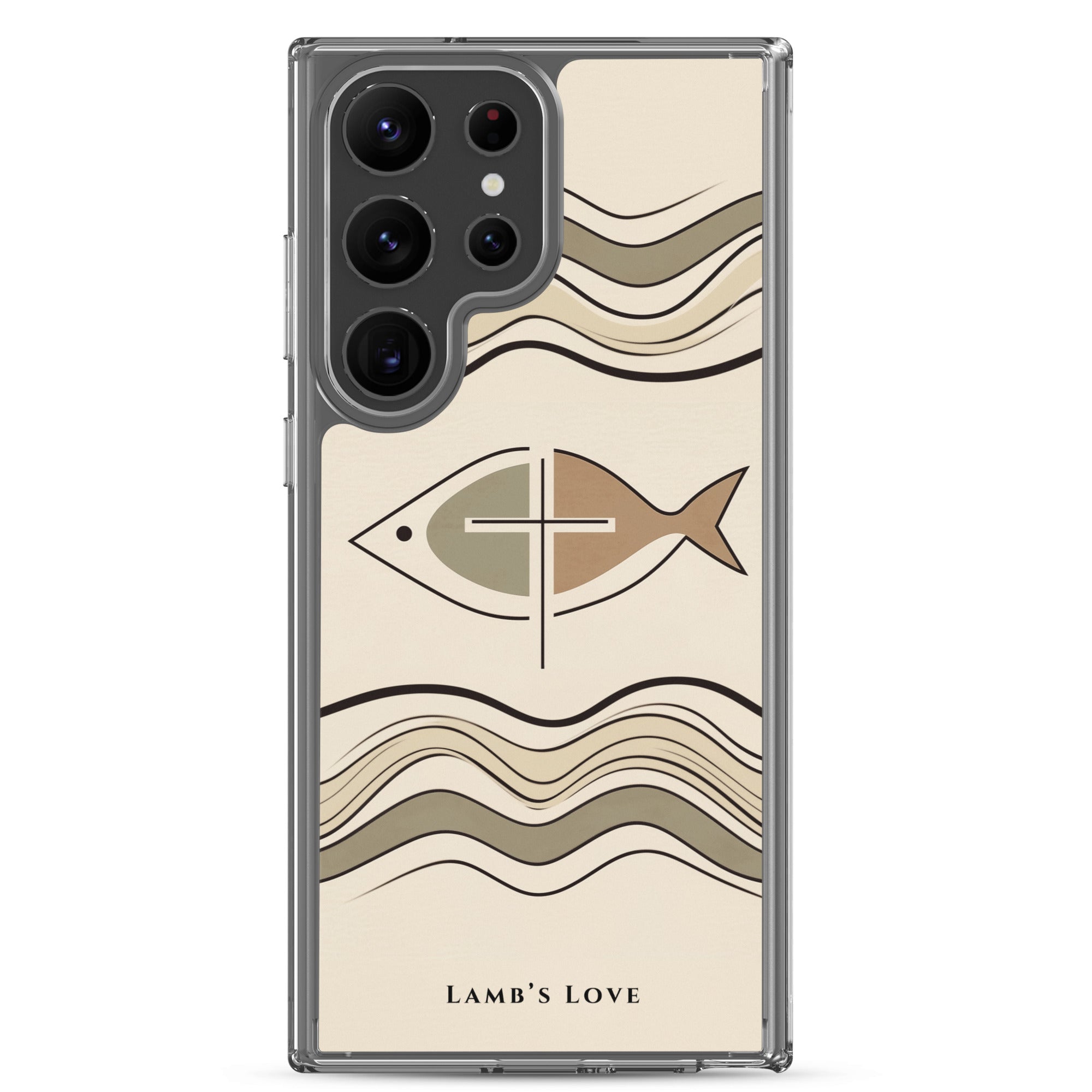 Christian fish Ichthys cross Samsung Galaxy S25 ultra clear phone case with minimalist beige wave design symbolizing faith in Jesus Christ