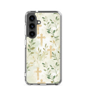 Botanical cross Samsung Galaxy S24 clear phone case with soft green leaves forming cross pattern minimalist Christian faith design