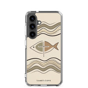 Christian fish Ichthys cross Samsung Galaxy S24 clear phone case with minimalist beige wave design symbolizing faith in Jesus Christ