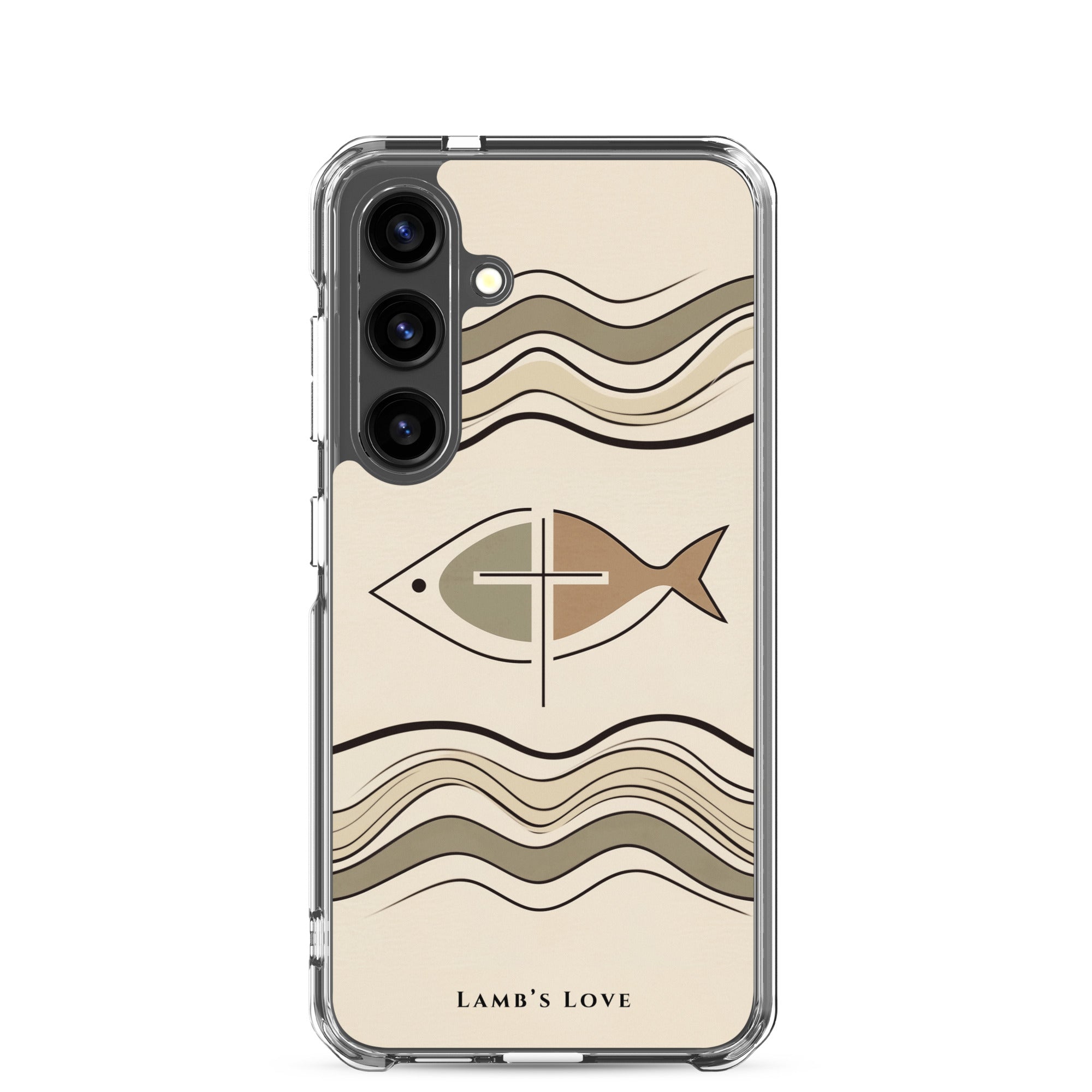 Christian fish Ichthys cross Samsung Galaxy S24 clear phone case with minimalist beige wave design symbolizing faith in Jesus Christ