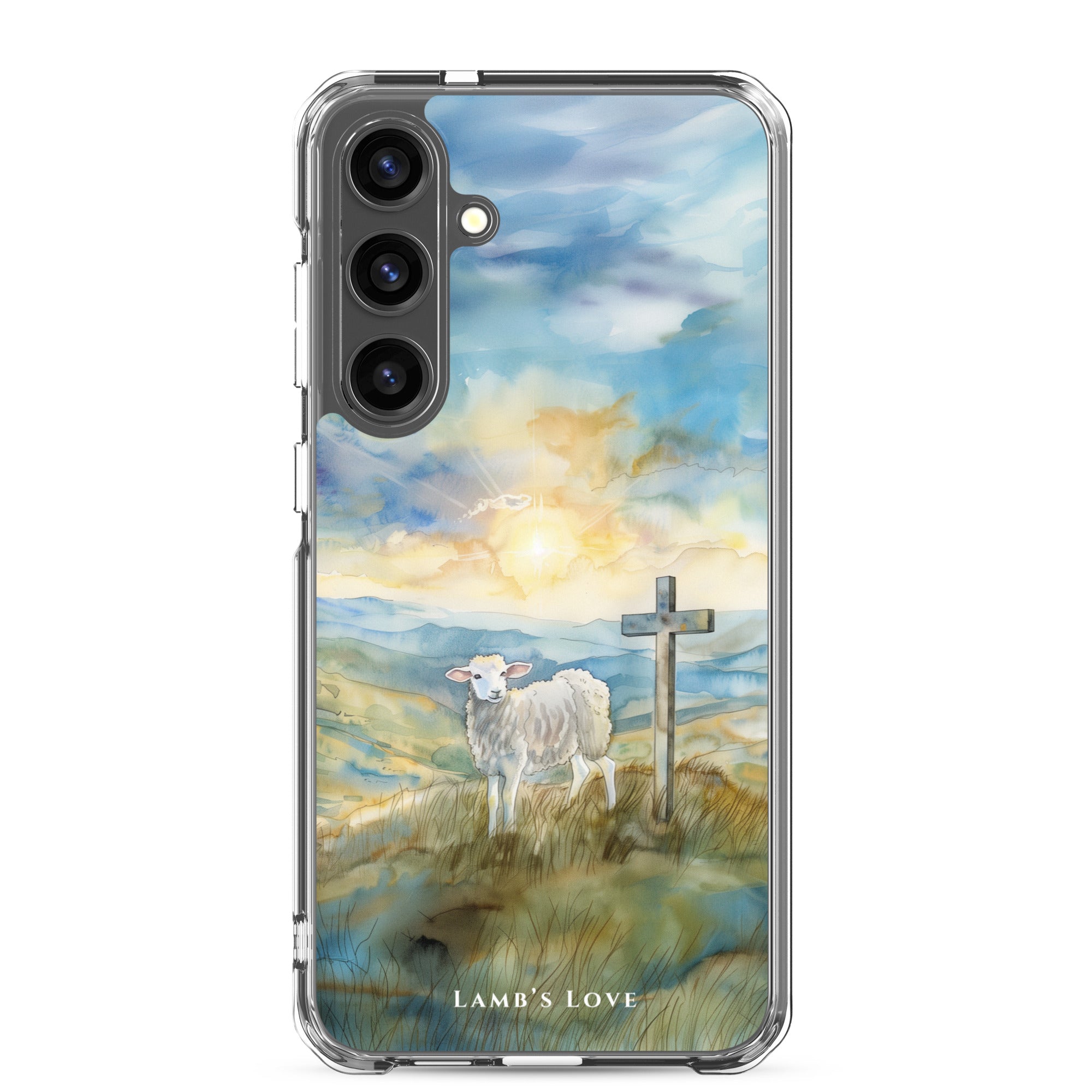 Lamb of God Samsung Galaxy S24 plus phone case with lamb and cross in peaceful landscape symbolizing Jesus who takes away the sin of the world John 1:29