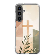 Christian cross Samsung Galaxy S24 plus clear phone case with minimalist beige botanical design symbolizing Jesus faith hope and renewal