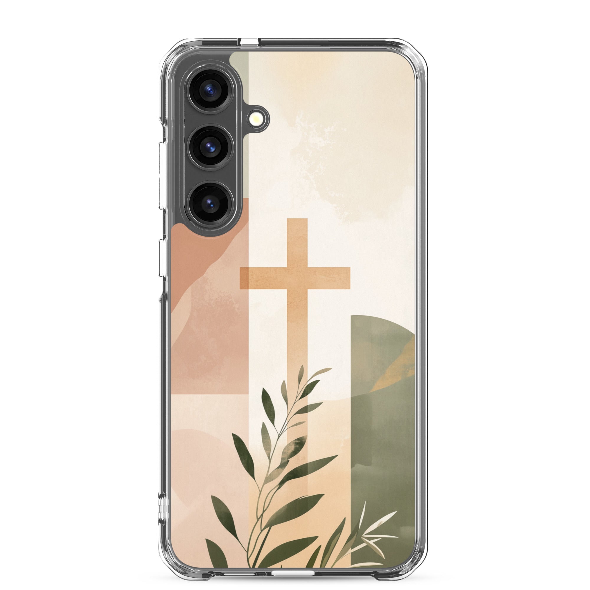 Christian cross Samsung Galaxy S24 plus clear phone case with minimalist beige botanical design symbolizing Jesus faith hope and renewal