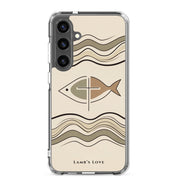 Christian fish Ichthys cross Samsung Galaxy S24 Plus clear phone case with minimalist beige wave design symbolizing faith in Jesus Christ