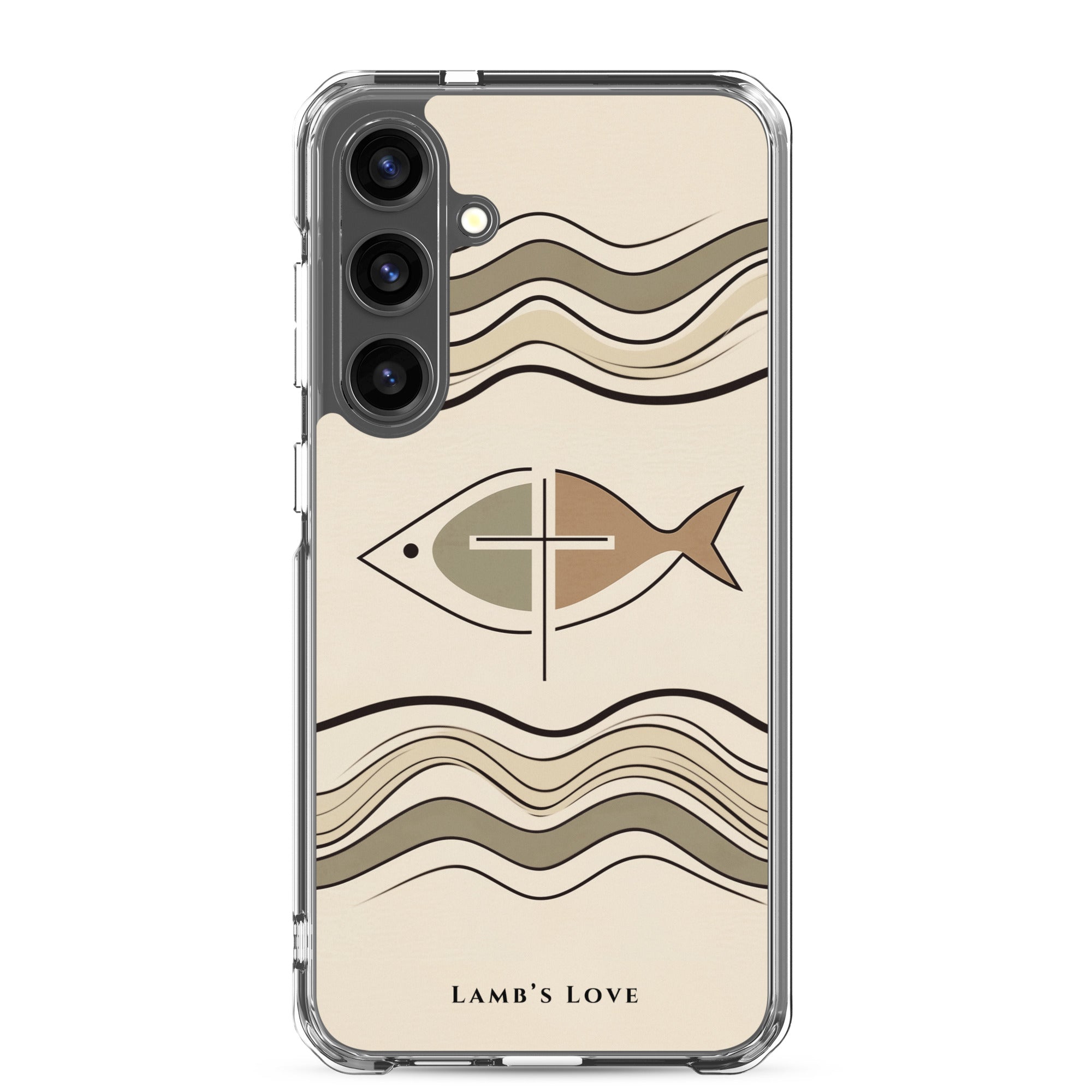 Christian fish Ichthys cross Samsung Galaxy S24 Plus clear phone case with minimalist beige wave design symbolizing faith in Jesus Christ
