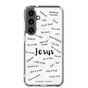 A clear Samsung Galaxy S24 plus phone case featuring a cloud typography design of the Names of Jesus, including titles like Wonderful Counselor, I AM, Prince of Peace, and King of Kings in black text.