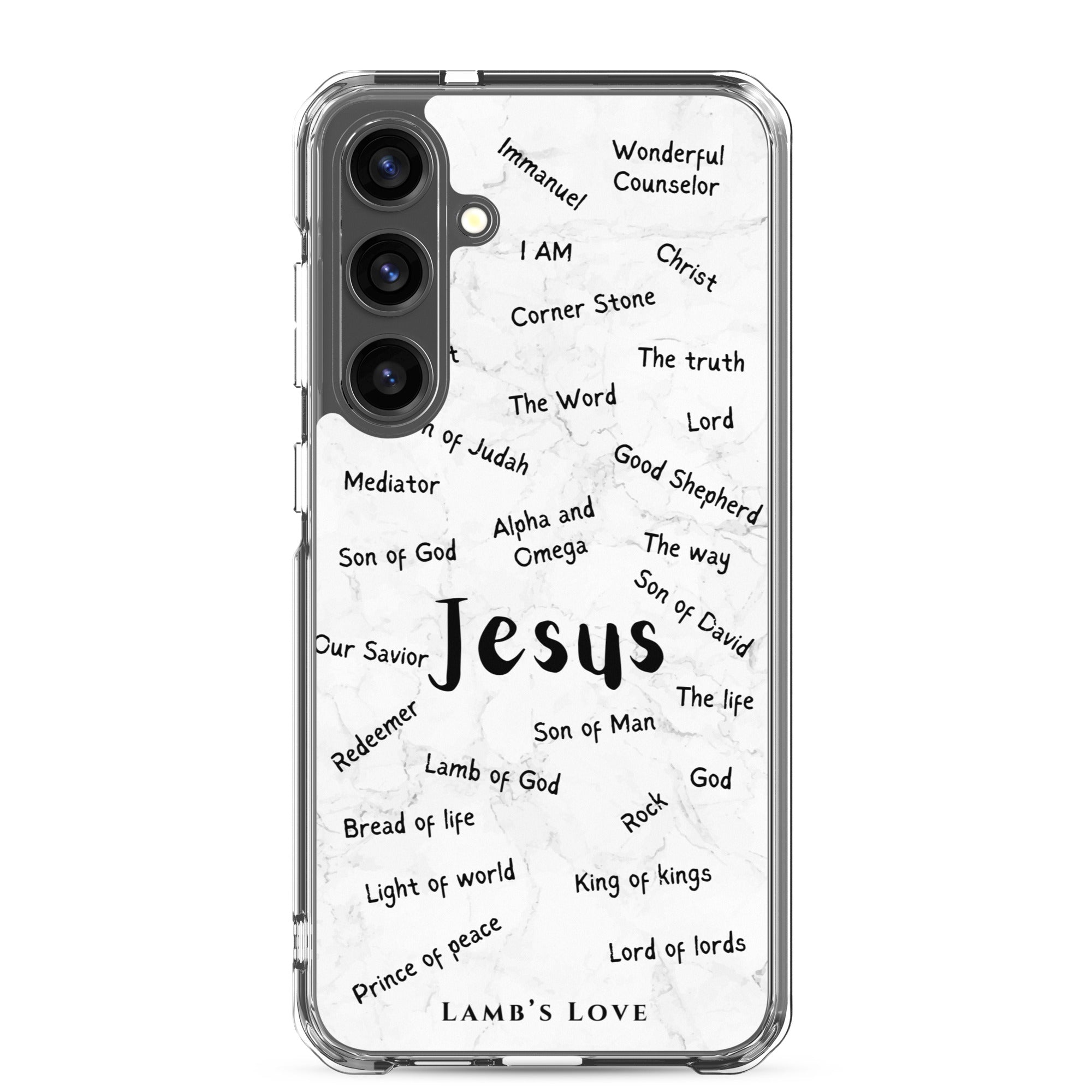 A clear Samsung Galaxy S24 plus phone case featuring a cloud typography design of the Names of Jesus, including titles like Wonderful Counselor, I AM, Prince of Peace, and King of Kings in black text.