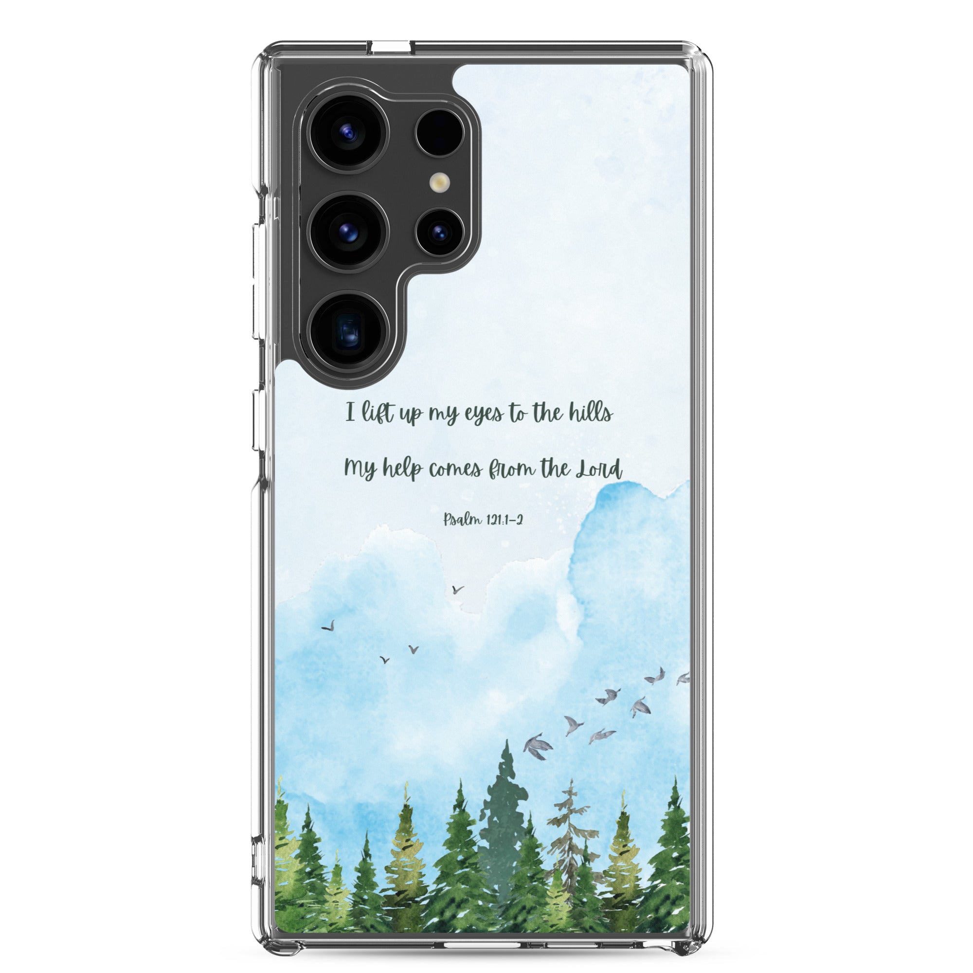 I Lift Up My Eyes Christian Samsung Galaxy S24 ultra phone case with mountain landscape and blue watercolor sky design featuring Psalm 121:1-2 Bible verse on clear protective case