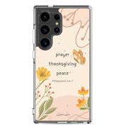 Prayer Thanksgiving Peace Christian Samsung Galaxy S24 ultra phone case with warm floral and butterfly design featuring Philippians 4:6-7 Bible verse on clear protective case