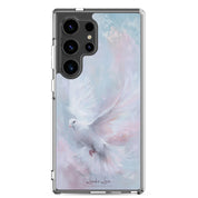Holy Spirit Dove Christian Samsung Galaxy S24 ultra phone case with soft watercolor sky design featuring white dove symbol of the Holy Spirit on clear protective case