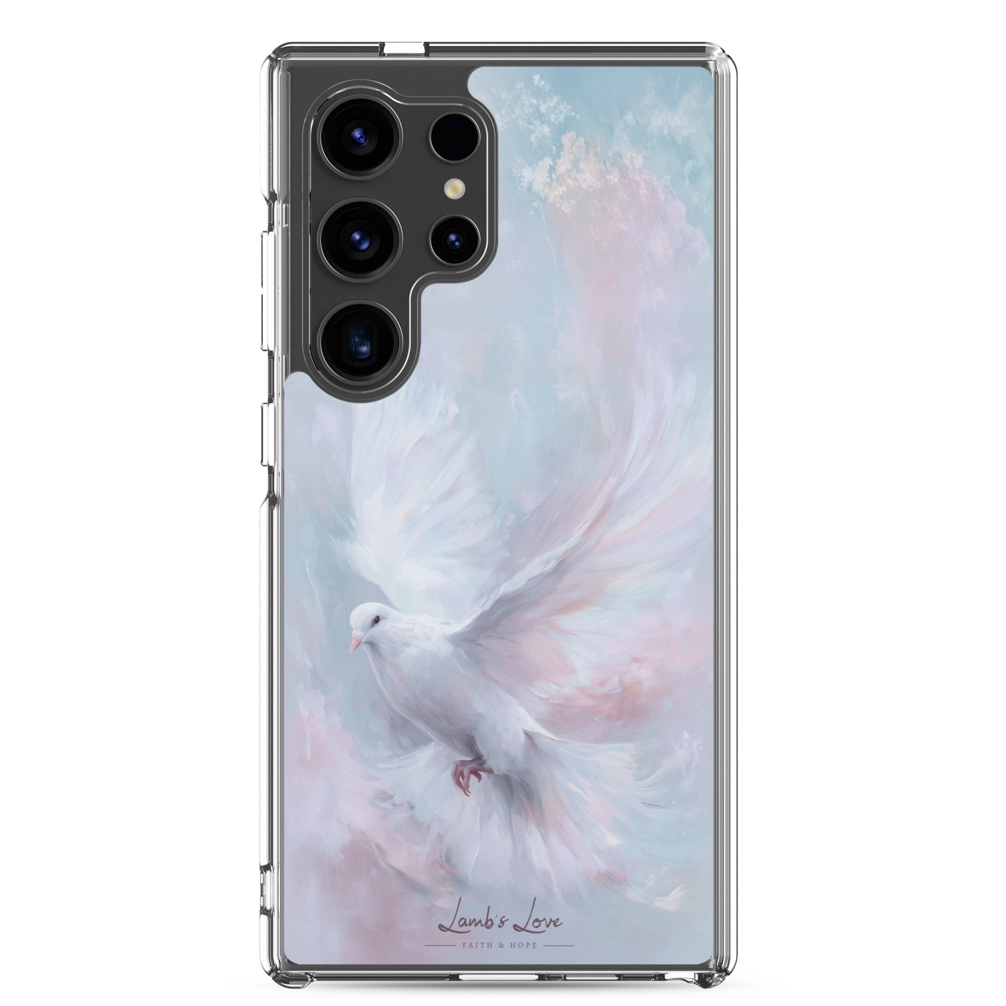 Holy Spirit Dove Christian Samsung Galaxy S24 ultra phone case with soft watercolor sky design featuring white dove symbol of the Holy Spirit on clear protective case