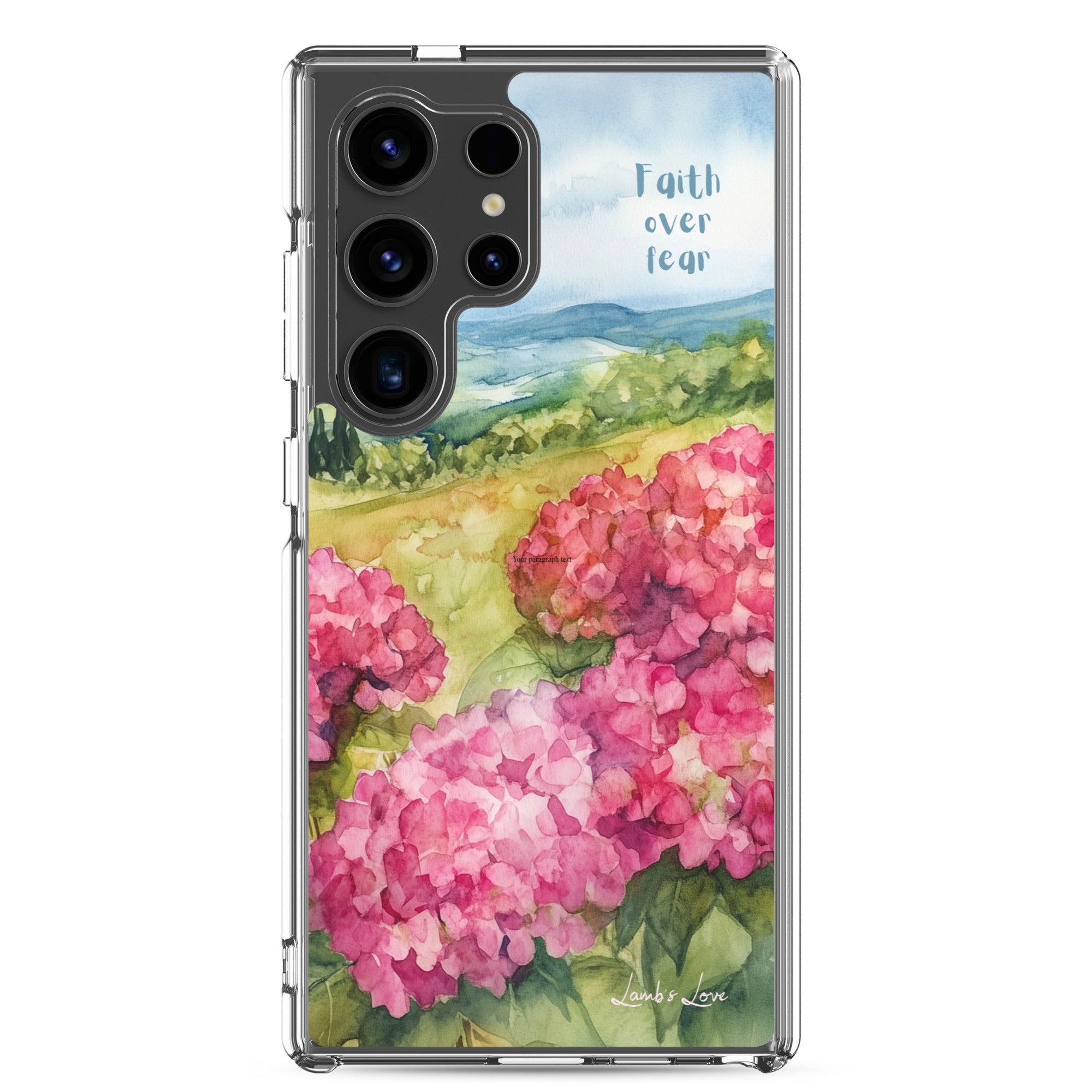 Faith Over Fear Christian Samsung Galaxy S24 ultra phone case with pink floral landscape design and blue sky background featuring inspirational faith message on clear protective case