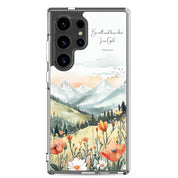 Be Still and Know Christian Samsung Galaxy S24 ultra phone case with mountain landscape and wildflower design featuring Psalm 46:10 Bible verse on clear protective case