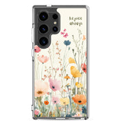 Rejoice Always Christian Samsung Galaxy S24 ultra phone case with colorful wildflower floral design featuring uplifting faith message on clear protective case