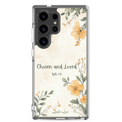 Chosen and Loved Christian Samsung Galaxy S24 ultra phone case with soft neutral floral design featuring Ephesians 1:4 Bible verse on clear protective case