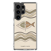Christian fish Ichthys cross Samsung Galaxy S24 Ultra clear phone case with minimalist beige wave design symbolizing faith in Jesus Christ