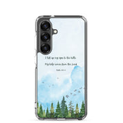 I Lift Up My Eyes Christian Samsung Galaxy S25 phone case with mountain landscape and blue watercolor sky design featuring Psalm 121:1-2 Bible verse on clear protective case