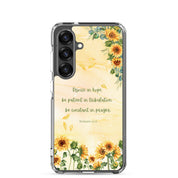 Rejoice in Hope Christian Samsung Galaxy S25 phone case with sunflower floral design featuring Romans 12:12 Bible verse on clear protective case
