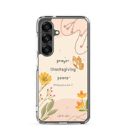 Prayer Thanksgiving Peace Christian Samsung Galaxy S25 phone case with warm floral and butterfly design featuring Philippians 4:6-7 Bible verse on clear protective case