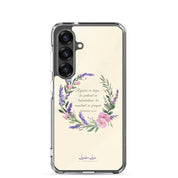 Rejoice in Hope Christian Samsung Galaxy S25 phone case with floral wreath design featuring Romans 12:12 Bible verse on clear protective case