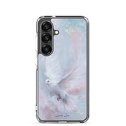 Holy Spirit Dove Christian Samsung Galaxy S25 phone case with soft watercolor sky design featuring white dove symbol of the Holy Spirit on clear protective case