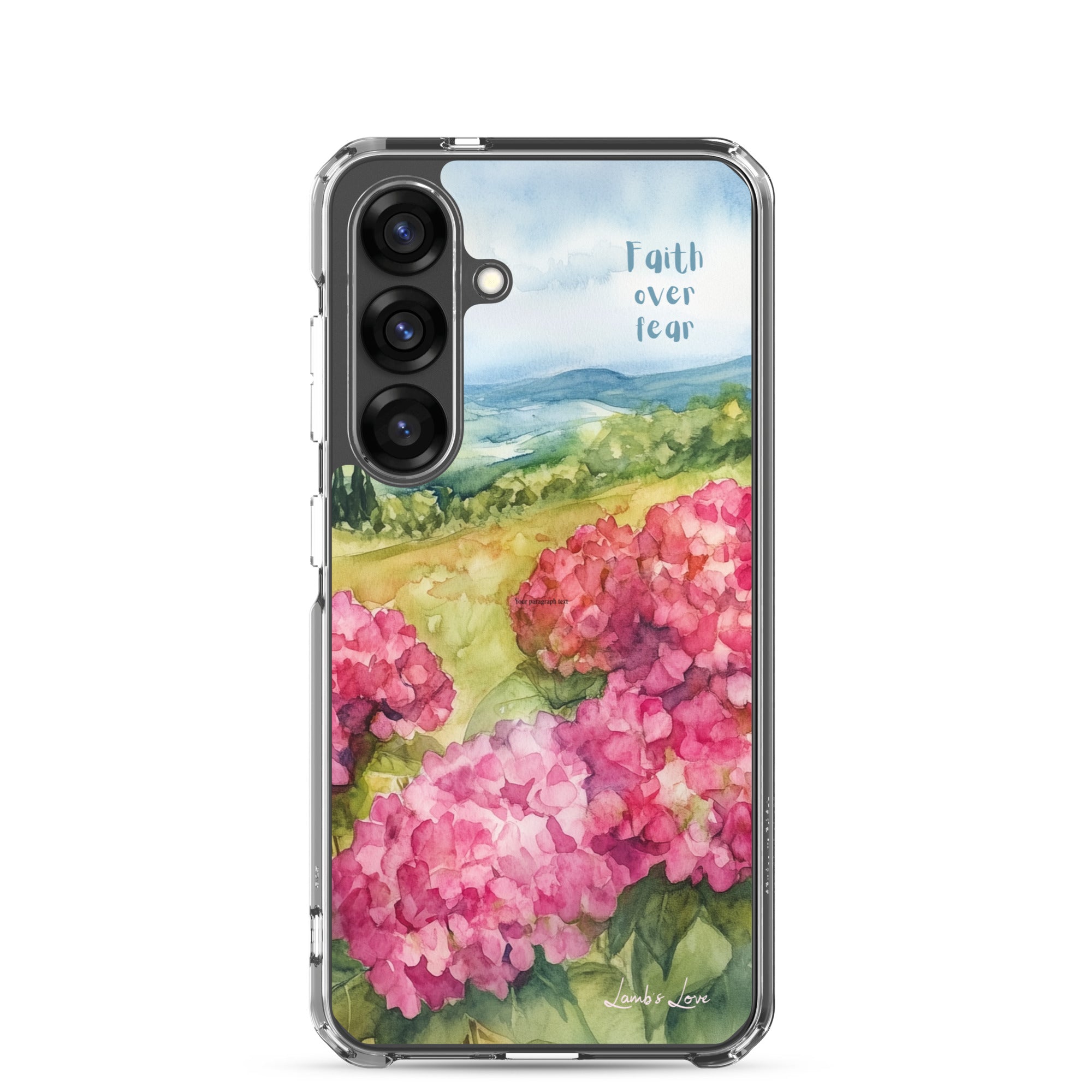 Faith Over Fear Christian Samsung Galaxy S25 phone case with pink floral landscape design and blue sky background featuring inspirational faith message on clear protective case
