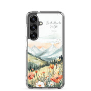 Be Still and Know Christian Samsung Galaxy S25 phone case with mountain landscape and wildflower design featuring Psalm 46:10 Bible verse on clear protective case