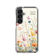 Rejoice Always Christian Samsung Galaxy S25 phone case with colorful wildflower floral design featuring uplifting faith message on clear protective case
