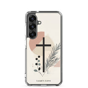 Minimalist Christian Samsung Galaxy S25 phone case with a black cross and botanical floral design on a clean white background.