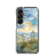 Lamb of God Samsung Galaxy S25 phone case with lamb and cross in peaceful landscape symbolizing Jesus who takes away the sin of the world John 1:29